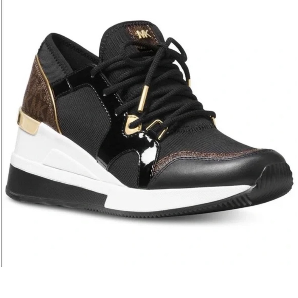 Michael Kors Black and Brown Sneakers with Gold Accents